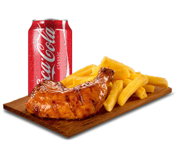 1 Piece Full Fried Chicken Leg, Fried Chips, and with Cold Cocacola Can Drink